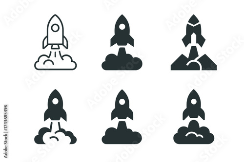 Rocket Logo Variations. Investing in startups. Set Logo of rocket launch: rocket taking off as growth symbol. harmonious logo variations of the same emblematic