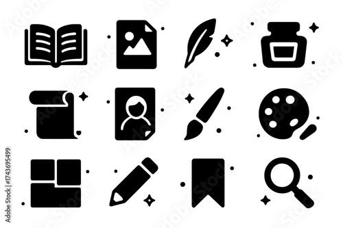 Illustrated Icon Set. Illustrated pages. Solid icons set of Illustrated pages: open book, page with drawing, quill, ink bottle, scroll, sketch, paintbrush,