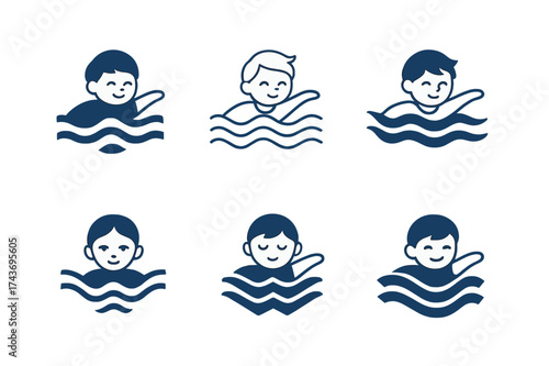 Children's Swimming Logos. Children playing sports or engaging in physical activities. Set Logo of swimming: child swimming with stylized water