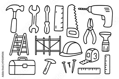 Hand-drawn Tool Doodles. Tools. Hand-drawn doodle illustration tools hammer, wrench, screwdriver, saw, drill, ladder, scaffold, pliers, toolbox, helmet, tape