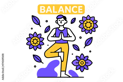 Yoga Tree Pose. Yoga balance. A figure standing in tree pose, body surrounded by floating leaves and circular mandala patterns. Word ?Balance? glowing softly