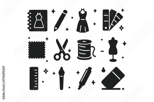 Fashion Design Icons. Fashion Illustration. Solid icons set of Fashion Illustration: Sketchbook, Pencil, Dress Sketch, Color Palette, Fabric Swatch, Scissors,