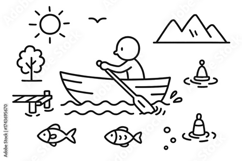 Rowboat Adventure Doodle. Rowing a boat. Hand-drawn doodle illustration rowing a boat rowboat with oars, paddler in action, sun shining, bird flying, wave