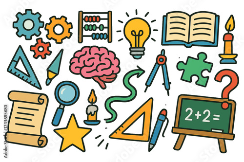 Colorful Educational Doodles. Reason. Colorful Hand-drawn doodle Children illustration Gears, abacus, open book, compass, triangle, magnifying glass, scroll,