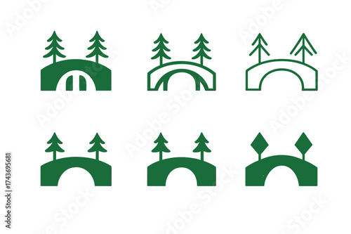 Diverse Wildlife Bridges Logos. Green bridges. Set Logo of Green bridges: Wildlife overpass. harmonious logo variations of the same emblematic concept, each