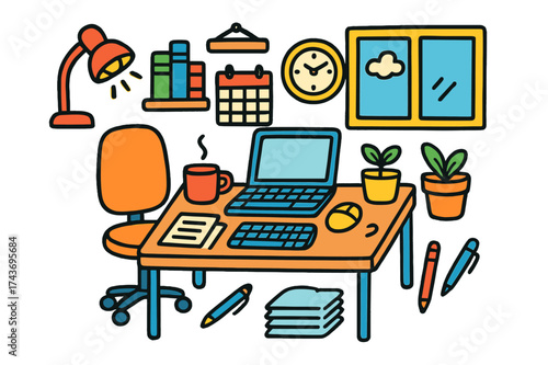 Colorful Home Office Doodle. Home Office. Colorful Hand-drawn doodle Children illustration desk, laptop, chair, lamp, bookshelf, coffee mug, plant, mouse,