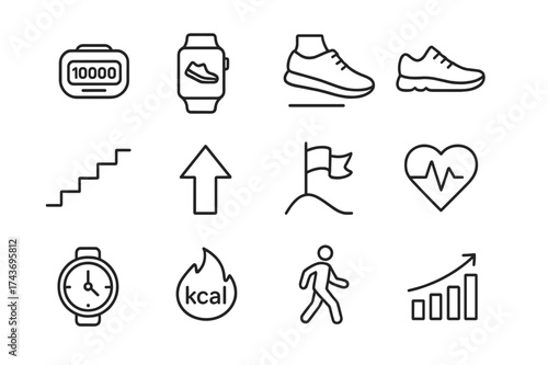 Step Tracking Icons. Step Tracking. Line icon set of Step Tracking: pedometer, smartwatch, step counter, sneakers, staircase, upward arrow, goal
