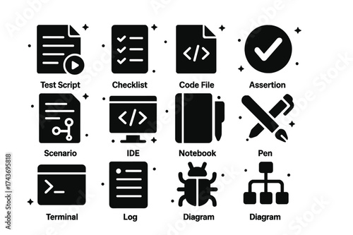 Test Icons Grid. Test Case Design. Solid icons set of Test Case Design: Test Script, Checklist, Code File, Assertion, Scenario, IDE, Notebook, Pen, Terminal,
