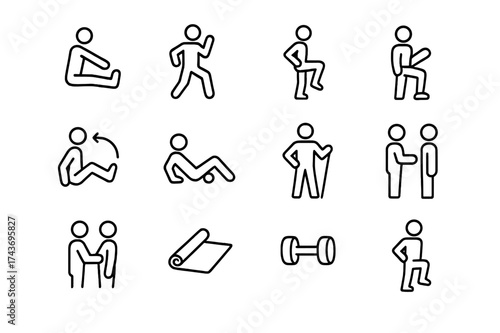 Physiotherapy Icon Set. Preventive physiotherapy. Line icon set of Preventive physiotherapy: stretching exercise, warm-up, core strengthening,