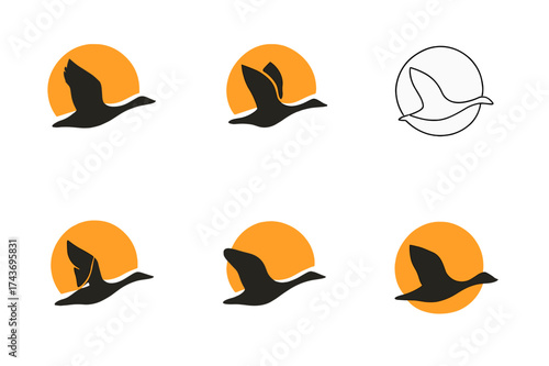 Geese Logo Variations. Geese. Set Logo of Wildlife: Silhouettes of geese flying over the sun. harmonious logo variations of the same emblematic concept, each