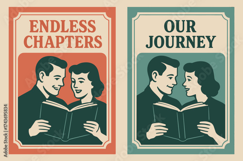 Vintage Love Banners. Togetherness. Two vertical A6 banners with safe margins, centered composition, no elements touching edges, retro style, coral and teal,