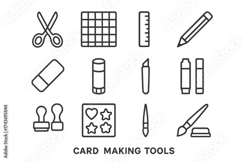 Card Making Tools. Card making tools. Line icon set of Card making tools: scissors, cutting mat, ruler, pencil, eraser, glue stick, craft knife, markers,