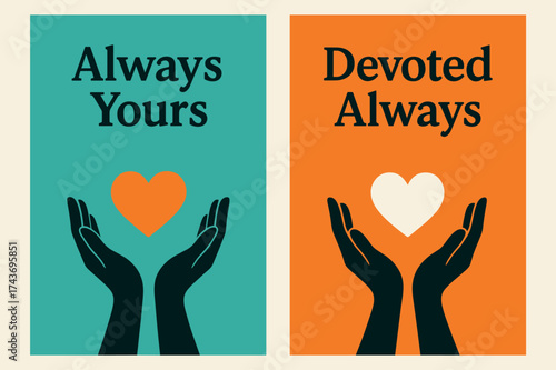 Devoted Heart Banners. Devotion. Two vertical A6 banners, minimal, turquoise and orange backgrounds, hands cupping a glowing heart with subtle rays, first
