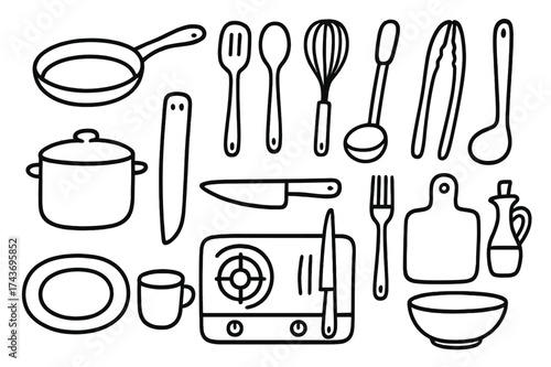 Kitchen Utensils Doodle. Kitchen Utensils. Hand-drawn doodle illustration Kitchen Utensils frying pan, spatula, spoon, ladle, whisk, tongs, pot, knife, fork,