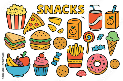 Colorful Snack Doodles. Snacks. Colorful Hand-drawn doodle Children illustration Popcorn, pizza, chips, soda can, juice box, sandwich, burger, fries, cupcake,
