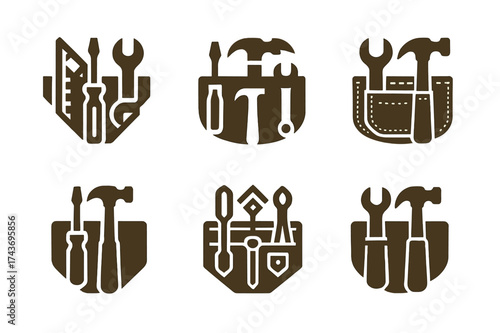 Tools Belt Logo Variations. Deck builders constructing wooden decks. Set Logo of toolbelt: collection of tools arranged inside belt silhouette. harmonious logo