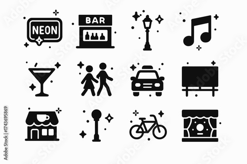 Nightlife Icon Grid. Downtown Nightlife. Solid icons set of Downtown Nightlife: Neon Sign, Bar, Street Lamp, Music Note, Cocktail Glass, People Walking, Taxi,