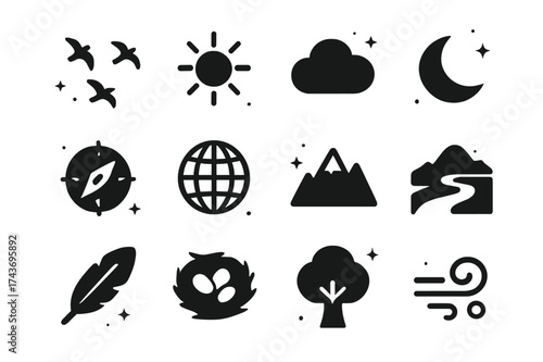 Seasonal Journey Icons. Seasonal journey. Solid icons set of Seasonal journey: flock of birds, sun, cloud, moon, compass, globe, mountain, river, feather,
