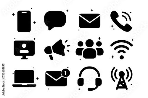 Communication Icons Grid. Communication. Solid icons set of Communication: smartphone, chat bubble, email envelope, phone call icon, video call screen,
