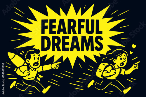 Fearful Dreams Banner. Fearful Dreams banner, flat vector illustration, bold oversized text inside splash explosion, cartoon characters running and pointing,