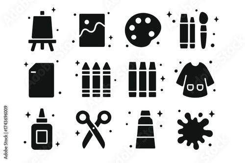 Creative Workspace Icons. Creative Workspace. Solid icons set of Creative Workspace: Easel, Canvas, Palette, Paintbrush, Paper, Crayons, Markers, Smock, Glue,