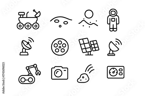 Lunar Rover Icons. Lunar rover. Line icon set of Lunar rover: rover vehicle, lunar surface, astronaut, satellite dish, wheels, solar panels, robotic arm,