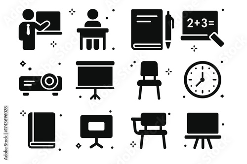 Classroom Icons Set. Classroom Learning. Solid icons set of Classroom Learning: Teacher, Student, Desk, Notebook, Pen, Blackboard, Chalk, Projector, Screen,