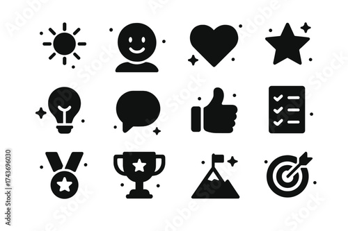 Positive Mindset Icons. Positive Mindset. Solid icons set of Positive Mindset: Sun, Smiling Person, Heart, Star, Light Bulb, Speech Bubble, Thumbs