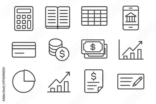 Financial Tools Icons. Financial tools. Line icon set of Financial tools: calculator, ledger, spreadsheet, mobile banking, bank card, coins, dollar bills,