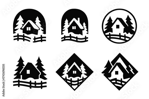 Winter Cabin Logo Variations. Winter Cabin Retreat Surrounded by Snow-Covered Trees. Set Logo of Winter Cabin Retreat Surrounded by Snow-Covered Trees: wooden