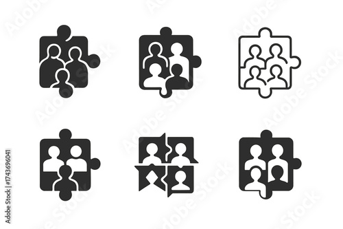 Creative Teamwork Logos. Collaboration in creative teams. Set Logo of puzzle teamwork: interconnected puzzle pieces with team silhouettes. harmonious logo