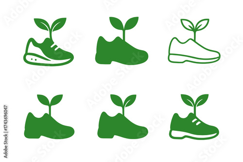 Eco Shoe Logos. Creating eco-friendly shoes from recycled rubber. Set Logo of Creating eco-friendly shoes from recycled rubber: Shoe with plant sprout growing