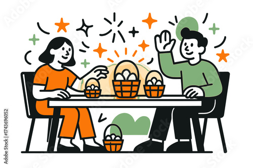 Egg Hunt Brunch. Egg Hunt Decor. A brunch table with glowing mini baskets of eggs as decoration, abstract floating spark and star shapes symbolizing fun.