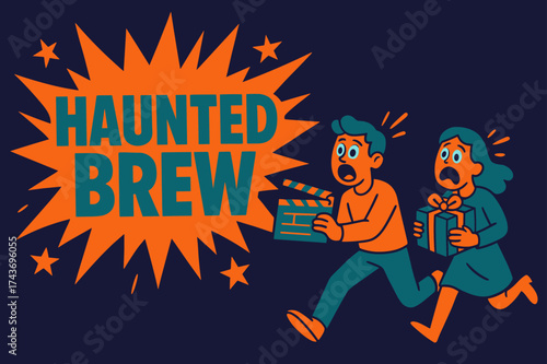 Haunted Brew Banner. Haunted Brew banner, flat vector illustration, bold oversized text inside splash explosion, cartoon characters running and shouting,