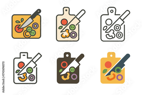 Colorful Salad Logos. Preparing a colorful salad with a variety of vegetables. Set Logo of Preparing a colorful salad with a variety of vegetables: Cutting