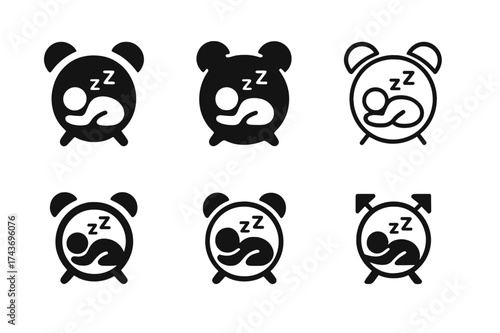 Wellness Sleep Logos. Healthy sleep habits. Set Logo of Wellness: alarm clock icon. harmonious logo variations of the same emblematic concept, each with