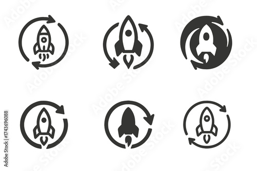 Startup Innovation Logos Grid. Investing in startups. Set Logo of innovation cycle: circular arrows around startup icon. harmonious logo variations of the same