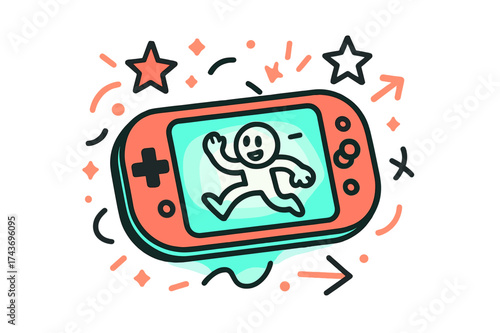 Dynamic Gaming Device. Portable Console. A glowing handheld gaming device with abstract floating sparks, arrows, and stars symbolizing mobility. Modern