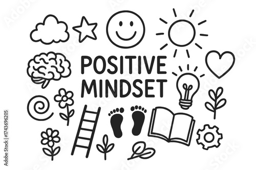 Positive Symbols Doodle. Positive mindset. Hand-drawn doodle illustration positive mindset smiley face, sun, star, cloud, brain, heart, lightbulb, book,