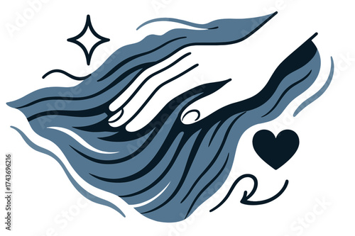 Glowing Touch Illustration. Soft touch. Glowing hand brushing across a silky fabric with flowing lines around. Floating icons of sparkle, heart, and curve
