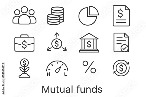 Mutual Funds Icons. Mutual funds. Line icon set of Mutual funds: group of people, stacked coins, pie chart, fund document, portfolio case, distribution arrows,