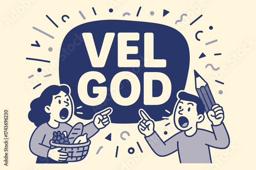 Bold Indigo Celebration. Vel God banner, flat vector illustration, bold oversized text inside rounded blob, cartoon characters shouting and pointing, holding