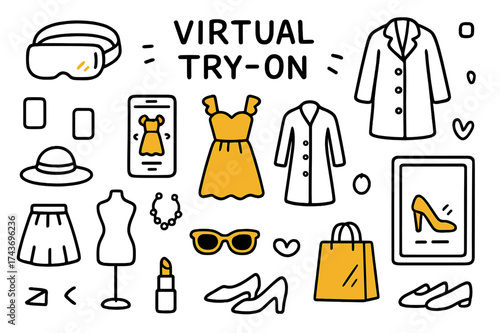 Virtual Fashion Show. Virtual Try-On. Hand-drawn doodle illustration virtual try-on AR headset (accented), smartphone, dress (accented), coat, high heels