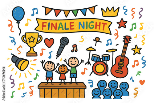 Finale Night Celebration. Finale night. Colorful Hand-drawn doodle Children illustration Finale night stage, spotlight, microphone, guitar, drums, trophy,