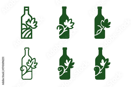 Romantic Logo Variations. Romantic getaways and vacations. Set Logo of Romantic getaways and vacations: Wine bottle & vineyard vine. harmonious logo variations