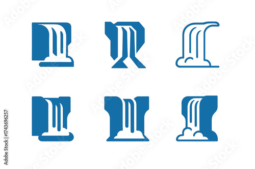 Waterfall Logo Variations. Waterfalls. Set Logo of Waterfalls: cliff edge falls. harmonious logo variations of the same emblematic concept, each with different