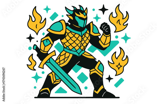 Mystical Dragon Armor. Dragon armor. A glowing suit with dragon-scale patterns, abstract floating flames and stars showing strength and mythical origins.