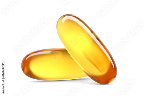 Two translucent golden gel capsules containing omega 3 fish oil isolated. 3D rendering illustration. Transparent PNG image.