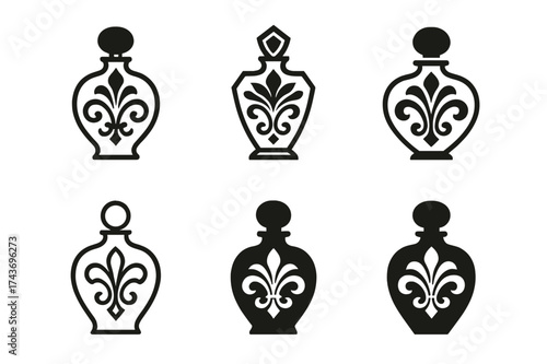Elegant Perfume Logos. Luxury accessories for men and women. Set Logo of perfume bottle: ornate fragrance design. harmonious logo variations of the same