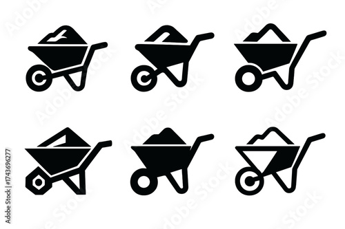 Wheelbarrow Logo Variations. Wheelbarrow with cement. Set Logo of industrial strength: bold heavy-duty barrow design. harmonious logo variations of the same